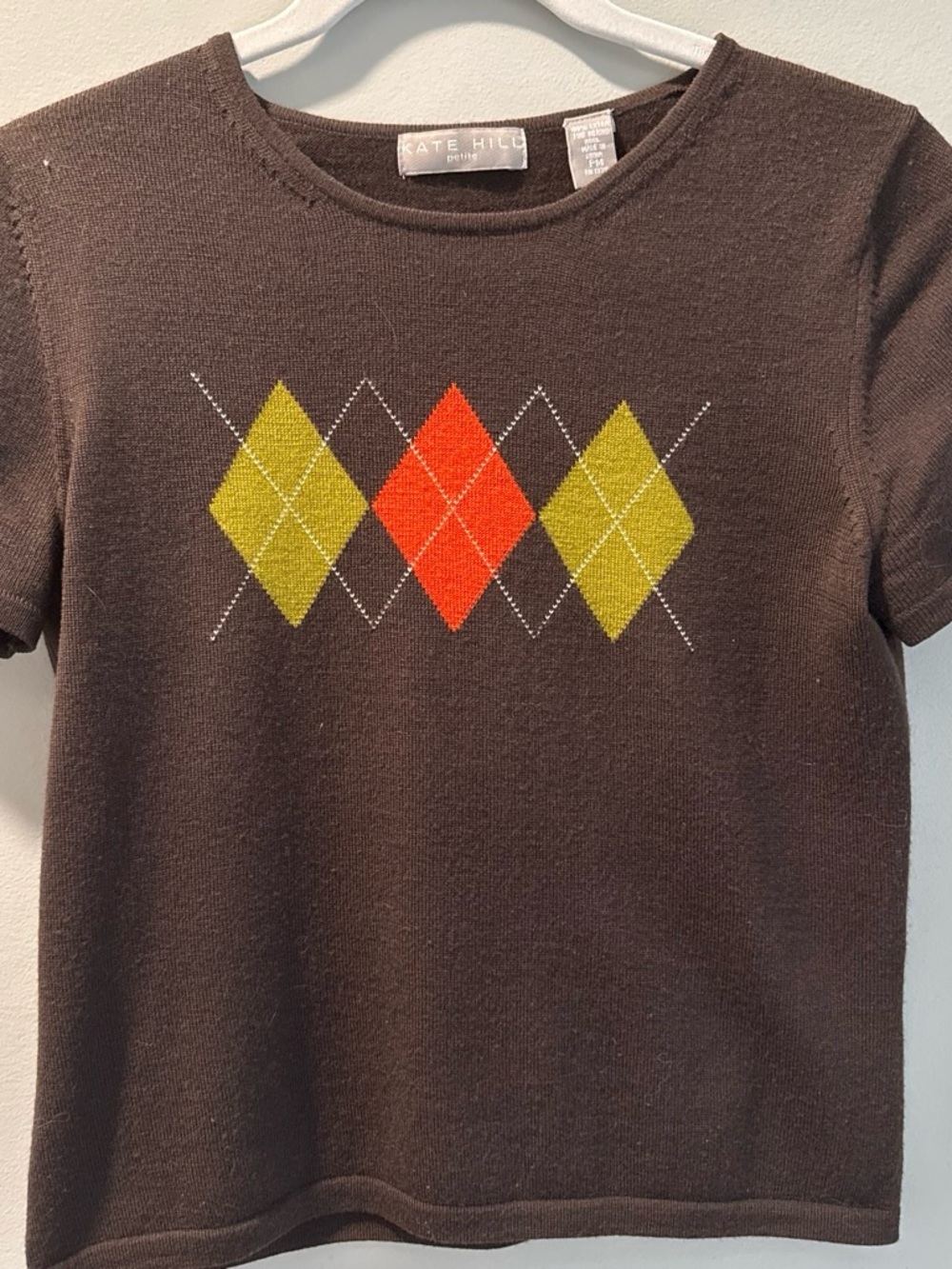Kate Hill Brown Argyle Knit Top with Orange & Green Diamonds